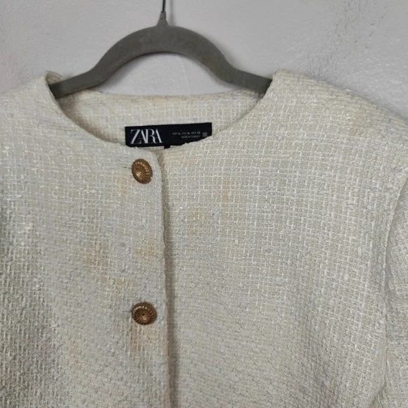 Zara Textured Jacket Womens XL Cream‎ Gold Button Preppy Classic Tweed Holiday - Picture 4 of 9